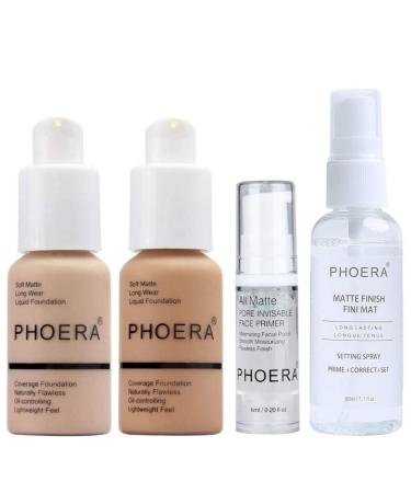 Phoera Foundation Full Coverage Makeup Set - Includes Nude & Buff Beige 30ml Matte Foundation  6ml Face Primer & 50ml Setting Spray for Shine-Free Matte Finish