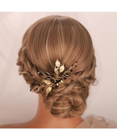 Kercisbeauty Gold Leaves with Black Beads Small Cute Hair Comb for Wedding Brides Bridesmaid Women Girls Special Occasion Handmade Jewelry