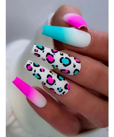 24pcs Pink Leopard Coffin Fake Nail Blue Pink Leopard Press on Nails Trendy Pink Leopard Coffin Nails Luxurious Nails Acrylic Nails Fake Nails For Women Girls