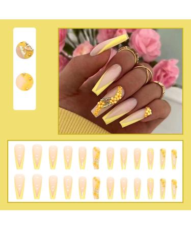 Justotry 24-Piece Coffin 3D Nails - Lemon French Floral Ballerina Press-On Nails for Women | Short Fake Nails - Buy Online on GoSupps.com