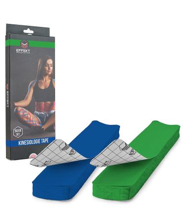 Effect (10 in x 2 in) Kinesiotapes Precut in Many Colors I PreCut Tape Waterproof & Elastic I Extra Strong Kinesiology Tape (Dark Blue + Green) 25 Strips 25 X Green + 25 X Dark Blue