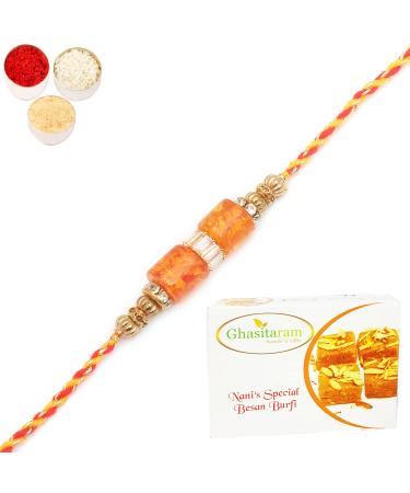 Ghasitaram Gifts Rakhi for Brother Rakhis Online - RM598 - Orange Stone Bracelet Rakhi with 200 GMS of Besan Barfi Rakhi Set with 200 gms of Besan Barfi