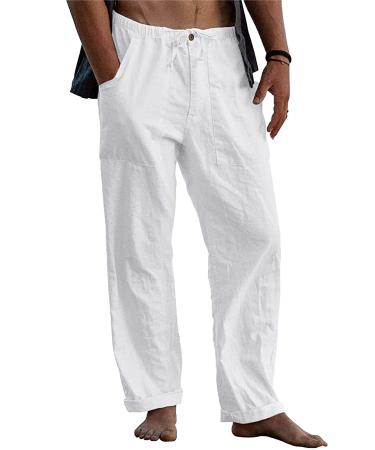 LVCBL Men's Casual Linen Pants Elastic Waist Drawstring Cotton Trousers White X-Large