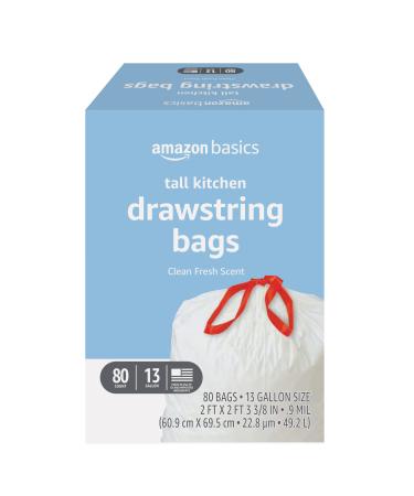 Basics Tall Kitchen Drawstring Trash Bags, Clean Fresh Scent, 13  Gallon, 80 Count (Previously Solimo)