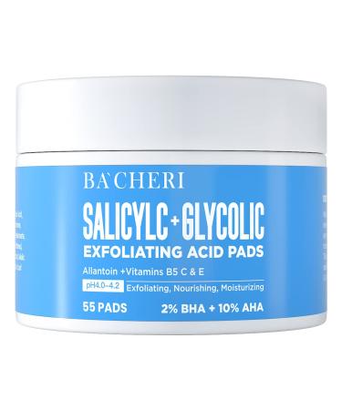 10% Glycolic Acid + 2% Salicylic Acid Peel Pads - BACHERI Resurfacing Pads For Face with Vitamins B5 C & E Allantoin - Exfoliating Facial Peel for Dark Spots Blackhead Acne 55 Pads