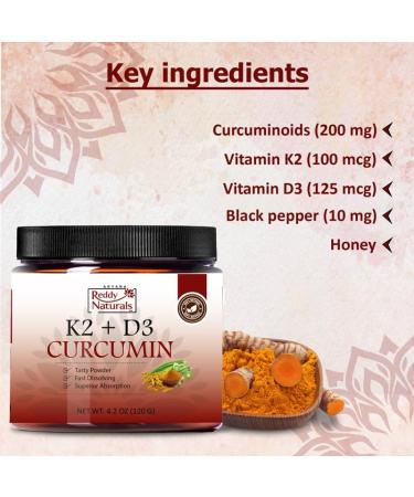 Reddy Naturals Vitamin K2 D3 with Turmeric Curcumin Vitamin K2 + D3 Supplement Powder for Daily Wellness Plant-Based Nutrition & Clean Natural Ingredients Premium Turmeric K2 D3 Blend (120 g) - Buy Online on GoSupps.com