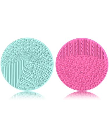 2 Pieces Silicone Makeup Brush Cleaner YalsFTY Cosmetic Brush Scrubber Mat Pad Cleaning Tool Dual-Sided Functionality to Accommodate All types of Brushes Powder Puffs and Sponges (Green & Pink)