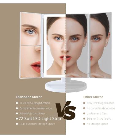 Essbhach Makeup Mirror with 72 LED Lights, 180 Degree Trifold Vanity Mirror, 5X Magnification, Touch Screen, Gift for Women - White/Black - Buy Online on GoSupps.com