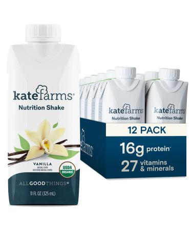 KATE FARMS Organic Vegan Plant Based Nutrition Shake, Vanilla, 16g of protein, 27 Vitamins and Minerals, Meal Replacement Drinks, Protein Shake, Gluten Free, Non-GMO, 11 Fl oz (Pack of 12)