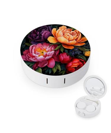 Colorful Peony Flowers Contact Lens Case with Mirror Portable Cute Eye Contact Lens Box Travel Kit