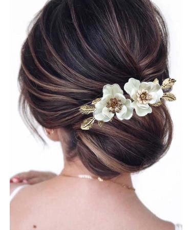 Resweky Bride Wedding Flower Hair Comb Gold Leaf Bridal Hair Pieces Floral Hair Side Comb Bride Hair Accessories for Women and Girls