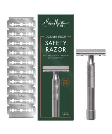 Shea Moisture Men Double Edge Safety Razor with 10 Refill Double Edge Razor Blades for Men Platinum Coated Stainless Steel Dad Gifts 1 Razor Handle & 10 Razor Blades per Box
