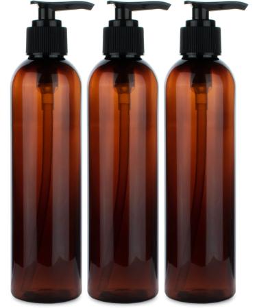 BRIGHTFROM Lotion Pump Bottles, Empty 8 OZ, BPA-Free Refillable Plastic Containers, Amber with Black Dispenser for - Soap, Shampoo, Lotions, Liquid Body Soap, Creams and Massage Oil (3 PACK) Pack of 3 Amber