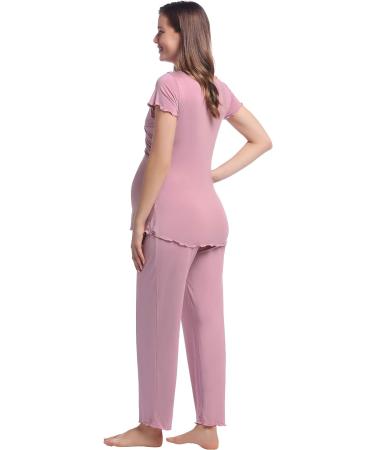 Women Maternity Pyjama Set XL Dusty Rose | Short Sleeve Tops & Long Pants | Summer Cool Moisture Wicking | Pregnancy to Postpartum Sleepwear - Buy Online on GoSupps.com