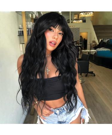 Relena 30 inch Black Wig with Bangs Long Fluffy Curly Wavy Wigs for Women Synthetic Long Black Wavy Wig Heat Resistant Natural Hair Wigs
