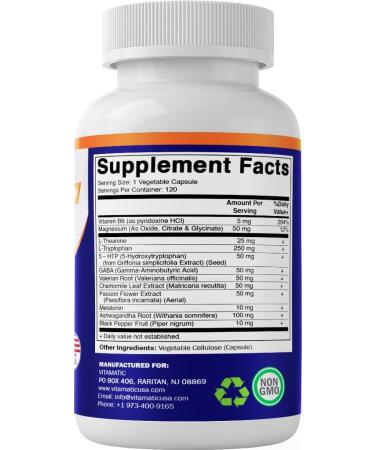 Vitamatic Advanced Sleep Aid with Melatonin - 120 Vegetable Capsules Made with B6, Magnesium, L-Theanine, L-Tryptophan, 5-HTP, GABA, Valerian, Chamomile, Passion Flower, Ashwagandha & Black Pepper - Buy Online on GoSupps.com