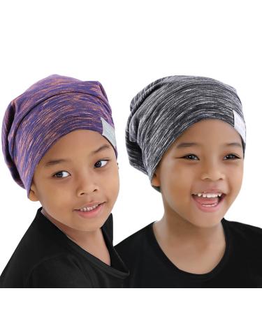 ELIHAIR Beanie Sleep Cap Satin Bonnet Night Sleeping Caps Adjustable Soft Slouchy Hats for Women and Girls Frizzy Hair Cover Lined Silky Bonnet Two Kids(Rose Violet+ Grey Pale)