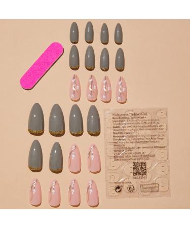 Almond Press on Nails Medium with Flower Glitter Designs - Pink/Gray False Nails - 24Pcs - Buy Online on GoSupps.com