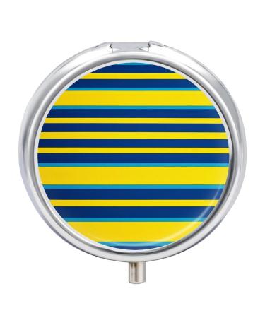 Pill Box Pill Case 3 Compartment Travel Pill Box Yellow and Blue Stripes Printing Small Pill Box Portable Medicine Pill Case Pill Organizer for Purse & Pocket for Travel Handbag (Round)