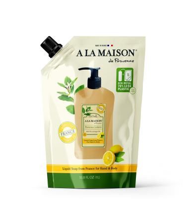 A LA MAISON French Liquid Hand Soap RefilL - Natural Hand Wash Made with Essential Oils - Biodegradable Plant-Based Vegan Cruelty-Free (33.8 Fl Oz Pouch (2 Pack) Provence Lemon)