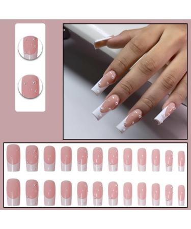 Justotry 24 Pcs False Nails Long with Pearls Milky White French Press On Nails - Pretty Ballerina Stick On Nails for Women Acrylic Coffin Fake Nails Medium - Nail Art Pearls & Milky Design - Buy Online on GoSupps.com