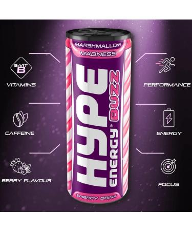 Hype Energy BUZZ MarshMallow Madness Energy Drink - 24x250ml | Caffeine, Taurine, and B-Vitamins | Vegan & Gluten Free | Berrylicious Marshmallow Flavor - Buy Online on GoSupps.com