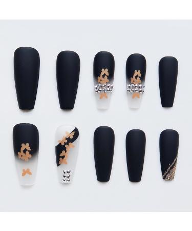 JustOTRY 24 Pcs Black Gold Glitter French Press On Nails with Butterfly Patterns - Long Ballerina Stick On Nails for Women | Acrylic Coffin False Nails with Glue - Nail Art - Buy Online on GoSupps.com