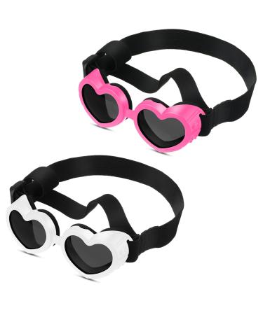 2 Pcs Small Dog Sunglasses UV Protection Goggles Waterproof Dog Goggles with Adjustable Strap Dust Protection Fog Protection Dog Glasses Heart Goggles for Dogs Doggy Pet Puppy (Pink, White)
