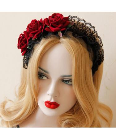 GORTIN Gothic Lolita Headband Black Halloween Headpieces Red Rose Flower Hair Bands Masquerade Cosplay Head Hoop Makeup Ball Party Hair Accessory for Women and Girls (Red)