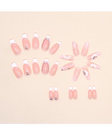 Ceboic 24Pcs Square Short Pink & White French Tip Press on Nails with Flower Pattern & Rhinestone Designs - Glossy Removable Glue on Nails for Women - Buy Online on GoSupps.com