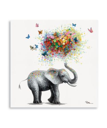Yidepot Butterfly Elephant Wall Art Print: Colorful Heart Shaped Balloon for Kids' Nursery Wall Decor Canvas Framed Ready to Hang (50x50CM) 50x50CM Butterfly Elephant