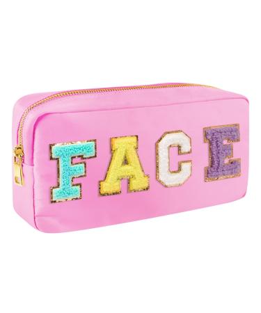 Nylon Waterproof Preppy Makeup Bag- Girls Chenille Letter Portable Travel Organizer Pouches for Toiletries and Cosmetics Storage Bag with Patches (Pink-Face)