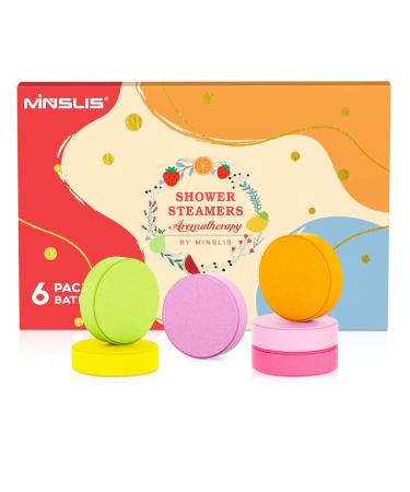 MINSLIS Shower Steamers Aromatherapy - 6 Pack of Essential Oils for Relaxation Stress Relief and Self-Care - Fruit Scented for Women and Men