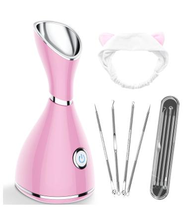 Face Steamer for Facial Deep Cleaning Facial Steamer Professional Home Spa Warm Mist Humidifier Atomizer Sauna Sinuses Unclog Pores with Blackheads Stainless Steel Kit Hair Band (Pink)
