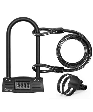 Bike U Lock Combination Sportneer: Heavy Duty Bicycle Locks Set with 5 Ft Security Steel Cable, Keyless U-Lock for Road Bike Mountain Bike Scooter Gate Anti Theft