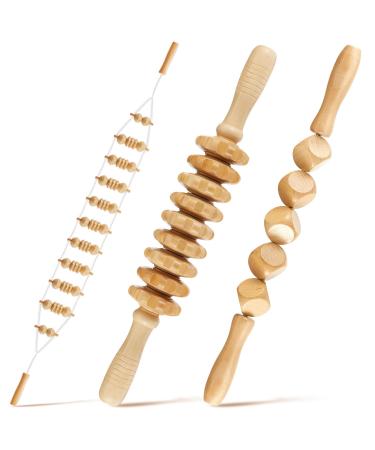 3 Pieces Wooden Massage Tools Anti Cellulite Massager Handheld Cellulite Massage Roller Lymphatic Drainage Massage Tools for Full Body Muscle Pain Relief