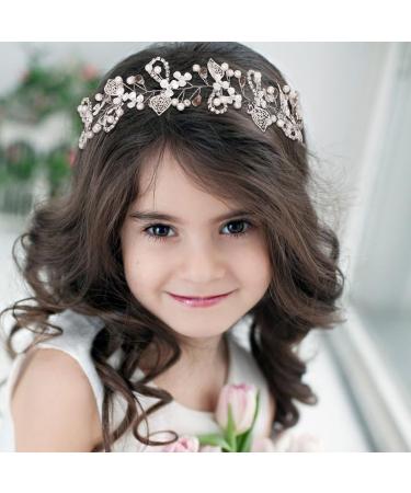IYOU Princess Crystal Headpiece Silver Flower Wedding Headband Pearl Holy Communion Hair Accessories for Flower Girl Bride Bridesmaid