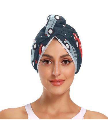 Colorful Cars Dark Blue Hair Towel 2 Pack Super Absorbent Hair Drying Towel Quick Dry Hair Turbans Head Towel with Button Twisty Wrap for Women Girls