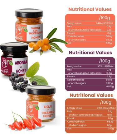  Melinis Pack of 3 packs of organic honey spread - 3 x 40g - With sea buckthorn aronia and goji berries - Creamy spread made with acacia and polyflora honey - For breakfast  - Buy Online on GoSupps.com