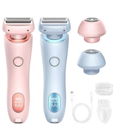2 in 1 electric Shaver razor for women Bikini Trimmer for Women Rechargeable Led Display Wet & Dry Electric Razor and Facial Hair Remover Painless Body Razors and Facial Hair Remover (Blue+Pink)