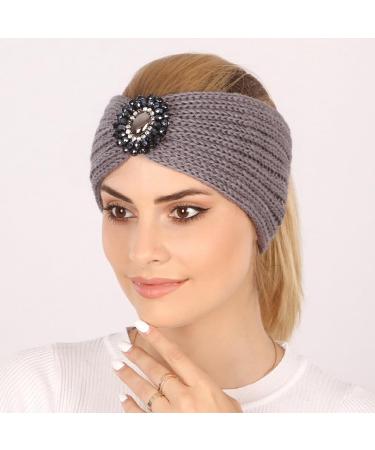 QOKLIYUI Rhinestone Knitted Headband Stylish Lightweight Durable Non-slip For Women Polyester Ear Warmer Head Warmer Breathable Dark grey - Buy Online on GoSupps.com