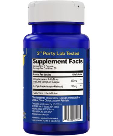 NATURAL STACKS Smart Omegas - Omega 3 Supplement w/ 200mg DHA & 200mg Blue Spirulina - Plant Based Algae Oil Omega 3 Supplement - Fish Oil Free Antioxidant Support - 30 Blue Spirulina Capsules - Buy Online on GoSupps.com