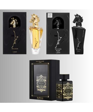 Lattafa for Unisex 3 Piece Eau de Parfum Gift Set (Bade'e Al Oud Oud for Glory + Maahir + Maahir Black Edition for Men) 3.4 Ounce/100 ml each Smoky - Buy Online on GoSupps.com