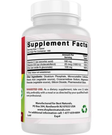 Best Naturals Zinc 100 mg with Vitamin C & D3 180 Tablets Gluten Free and Non-GMO - Buy Online on GoSupps.com