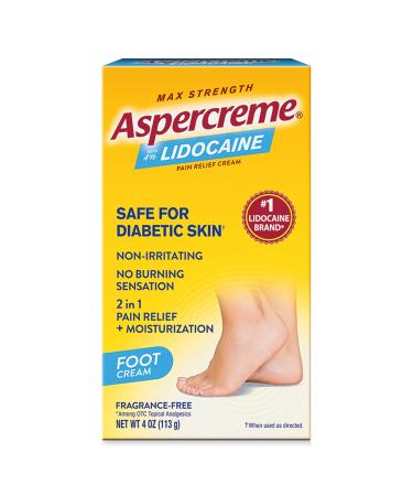 Aspercreme Pain Relief Foot Cream with 4% Lidocaine Max Strength Fragrance-Free 4 oz (113 g)