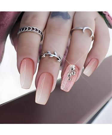 Pink Gradient Rhinestone Press on Nails - 24 Pcs Medium Coffin Shape | Glitter Powder & Rhinestone Designs | False Nails for Women and Girls - Buy Online on GoSupps.com