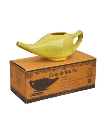 ANCIENT IMPEX Ceramic Neti Pot 250 Ml (Crackle Yellow) with 5 Sachets Neti Salt | Natural Remedy for Nasal Health Congestion & Sinus Flush | Ayurvedic Nasal Rinse Pot