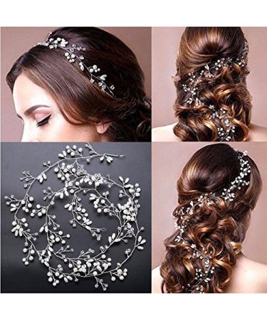 TQsuen Bride Wedding Crystal Hair Vine Hair Accessories  20 Inches Pearl and Crystal Beads Bridal Hair Vine Headband Wedding Head Pieces for Women and Girls  Silver