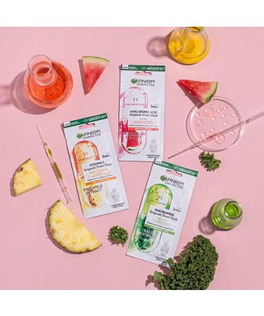 Garnier Ampoule Sheet Masks Set Of 3 - 1% Vitamin Cg + Pineapple To Brighten Skin 1% Hyaluronic Acid + Watermelon To Replump Skin 2% Niacinamide + Kale To Rebalance Oily Skin Fast Action 5 mins. - Buy Online on GoSupps.com
