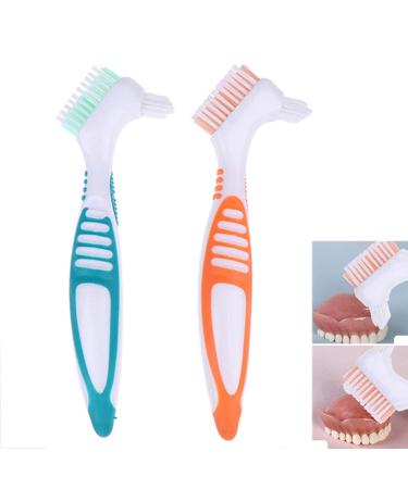Rnitle 2 pieces of toothbrushes prostheses double -bristled head toothbrush set prosthesis cleaning set for dental care teeth brush for dental care multi -layer bristles and esrgonomic rubber gears (orange+green)